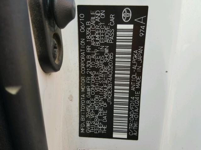 JTKDE3B74A0320785 - 2010 TOYOTA SCION TC 白色 照片 10