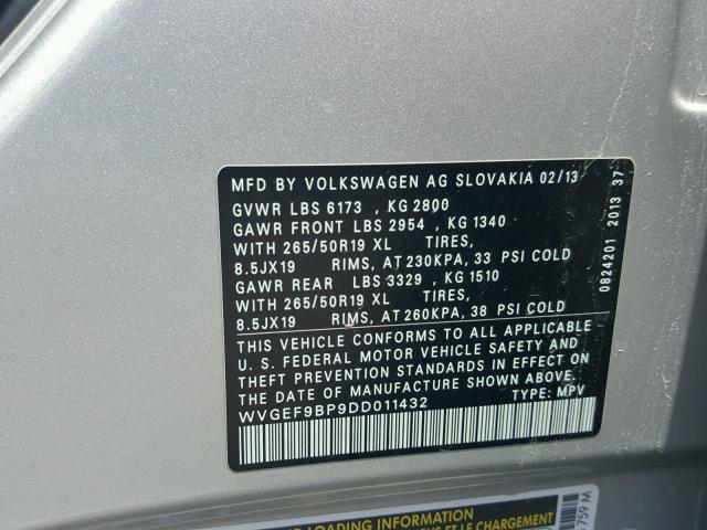 WVGEF9BP9DD011432 - 2013 VOLKSWAGEN TOUAREG V6 SILVER photo 10