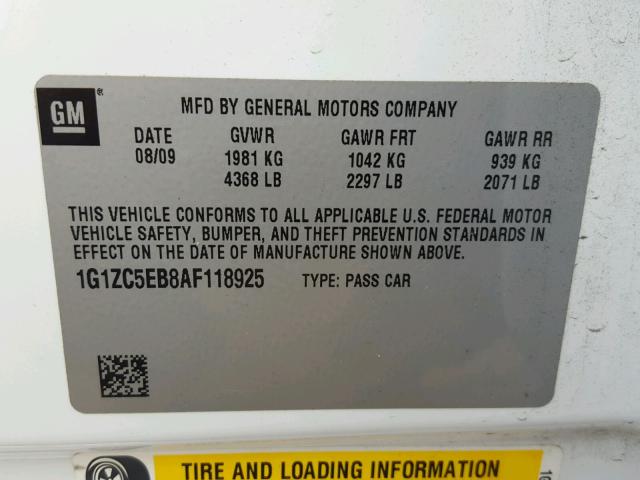 1G1ZC5EB8AF118925 - 2010 CHEVROLET MALIBU 1LT 白色 照片 10