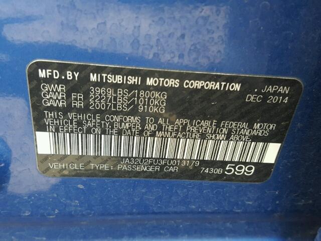 JA32U2FU3FU013179 - 2015 MITSUBISHI LANCER ES BLUE photo 10