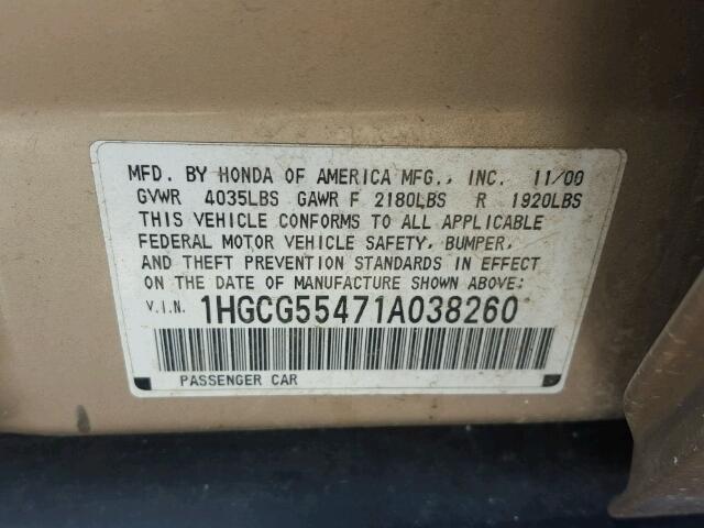 1HGCG55471A038260 - 2001 HONDA ACCORD GOLD photo 10