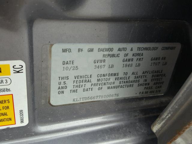 KL1TD56677B100676 - 2007 CHEVROLET AVEO BASE Gris photo 10