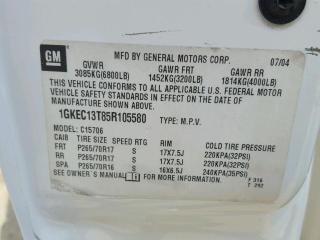 1GKEC13T85R105580 - 2005 GMC YUKON WHITE photo 10