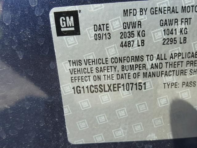 1G11C5SLXEF107151 - 2014 CHEVROLET MALIBU 1LT 蓝色 照片 10