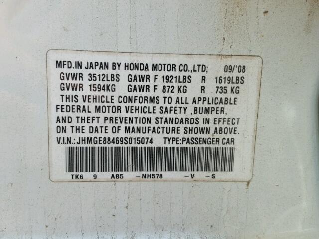 JHMGE88469S015074 - 2009 HONDA FIT SPORT WHITE photo 10