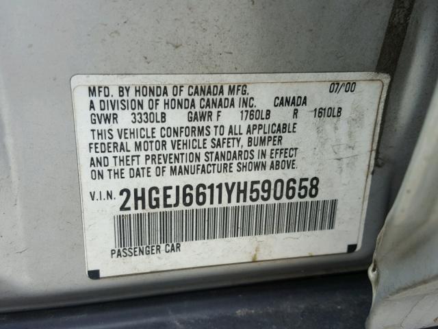 2HGEJ6611YH590658 - 2000 HONDA CIVIC BASE Gümüş foto 10