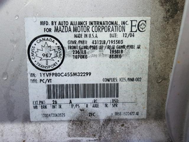 1YVFP80C455M32299 - 2005 MAZDA 6 I Argent photo 10