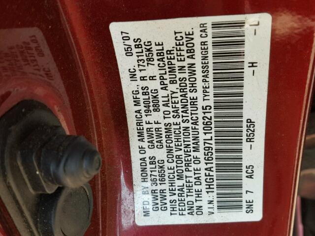 1HGFA16597L106215 - 2007 HONDA CIVIC LX MAROON photo 10