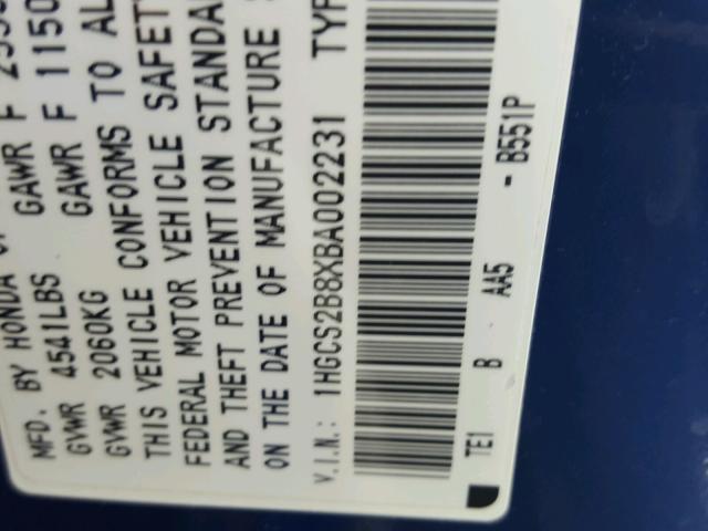 1HGCS2B8XBA002231 - 2011 HONDA ACCORD EXL Blau Foto 10