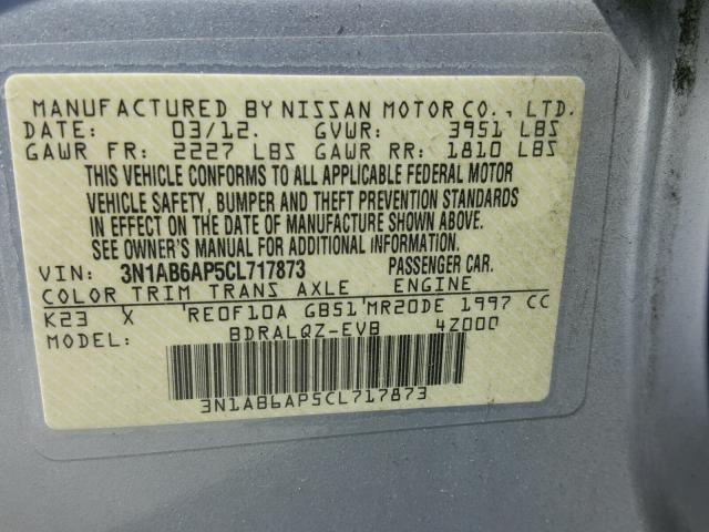 3N1AB6AP5CL717873 - 2012 NISSAN SENTRA 2.0 SILVER photo 10