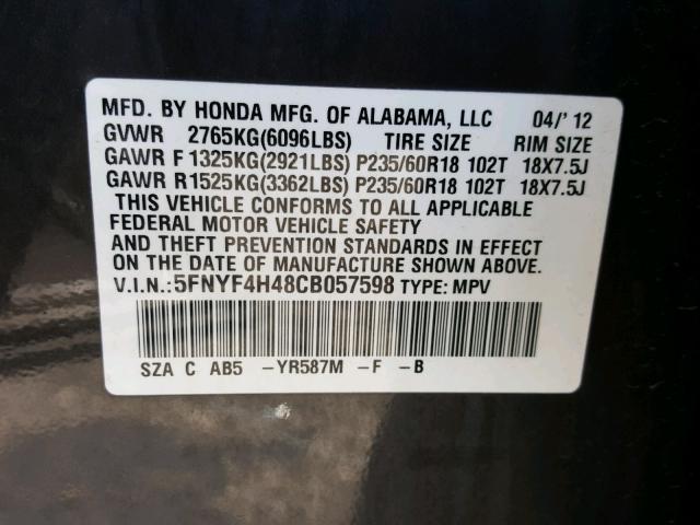 5FNYF4H48CB057598 - 2012 HONDA PILOT EX BROWN photo 10