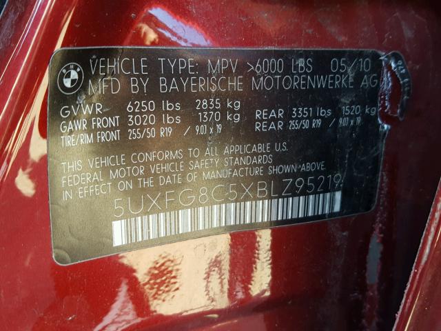 5UXFG8C5XBLZ95219 - 2011 BMW X6 XDRIVE5 Қызыл фото 10