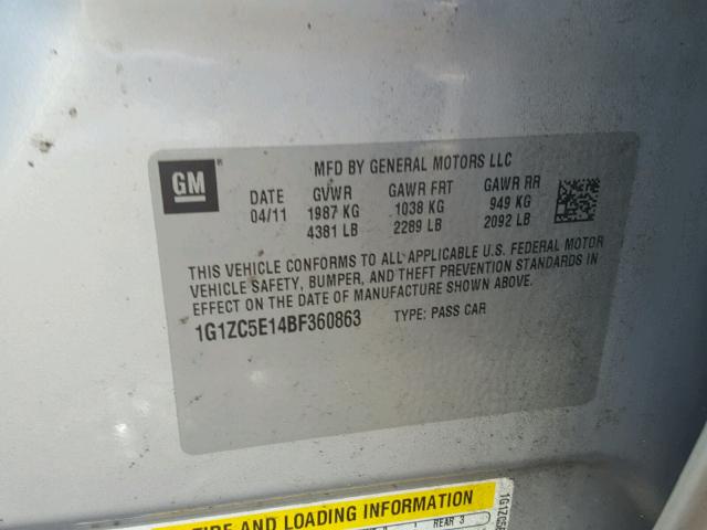 1G1ZC5E14BF360863 - 2011 CHEVROLET MALIBU 1LT ვერცხლისფერი ფოტო 10