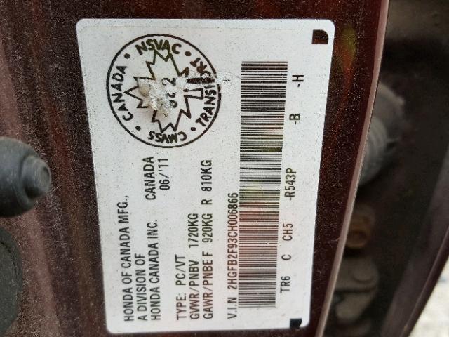 2HGFB2F93CH006866 - 2012 HONDA CIVIC EXL 红色 照片 10