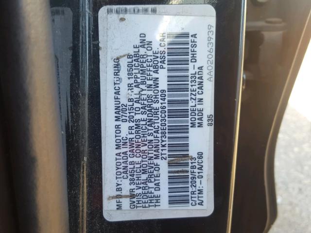 2T1KY38E03C061409 - 2003 TOYOTA COROLLA MA BLACK photo 10