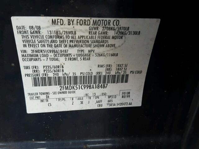 2FMDK51C99BA18487 - 2009 FORD FLEX SE BLUE photo 10