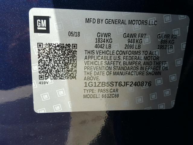 1G1ZB5ST6JF240876 - 2018 CHEVROLET MALIBU LS ლურჯი ფოტო 10