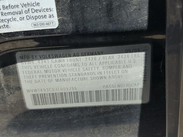 WVWTK93C07E009795 - 2007 VOLKSWAGEN PASSAT 2.0 BLACK photo 10