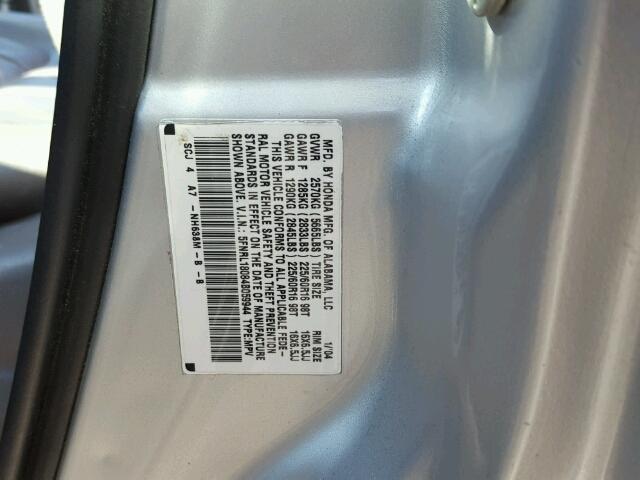 5FNRL18084B059944 - 2004 HONDA ODYSSEY EX SILVER photo 10