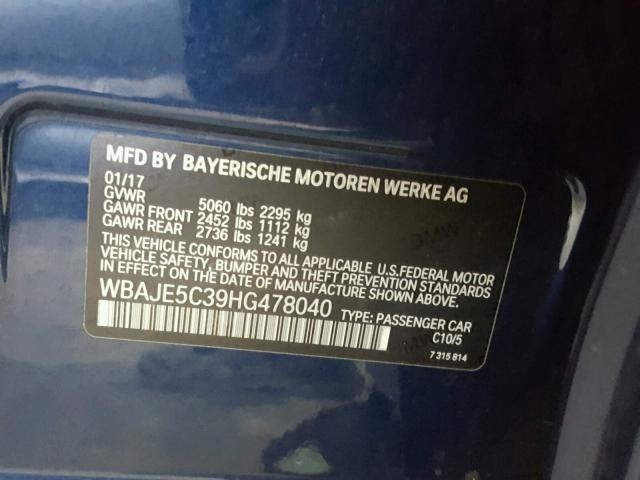 WBAJE5C39HG478040 - 2017 BMW 540 I BLUE photo 10