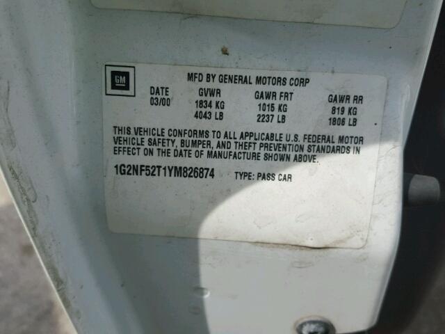 1G2NF52T1YM826874 - 2000 PONTIAC GRAND AM S 白色 照片 10