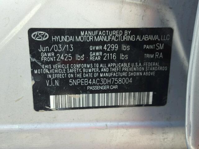 5NPEB4AC3DH758004 - 2013 HYUNDAI SONATA GLS SILVER photo 10