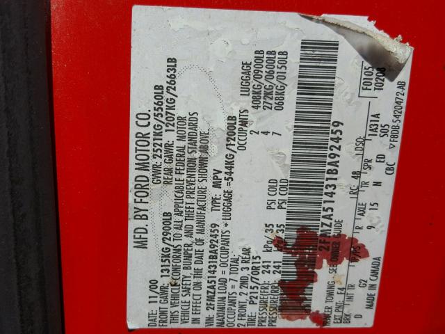 2FMZA51431BA92459 - 2001 FORD WINDSTAR L RED photo 10