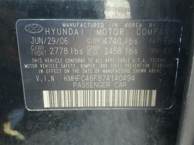 KMHFC46F87A140494 - 2007 HYUNDAI AZERA SE BLACK photo 10