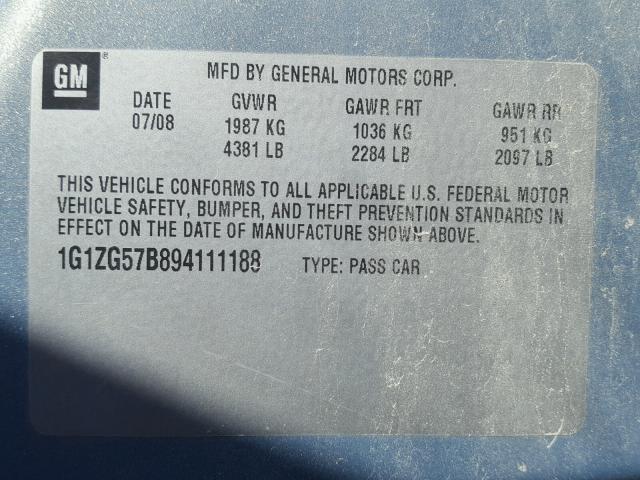 1G1ZG57B894111188 - 2009 CHEVROLET MALIBU LS BLUE photo 10