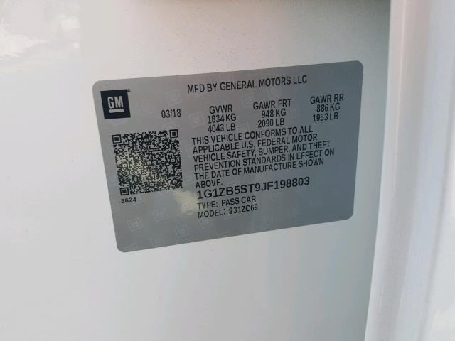 1G1ZB5ST9JF198803 - 2018 CHEVROLET MALIBU LS თეთრი ფოტო 10