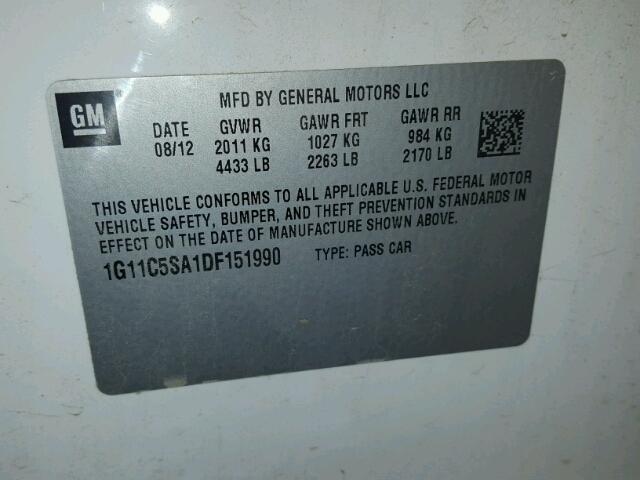 1G11C5SA1DF151990 - 2013 CHEVROLET MALIBU 1LT WHITE photo 10