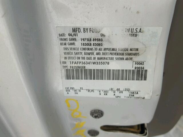 1FAFP36341W335078 - 2001 FORD FOCUS SE SILVER photo 10