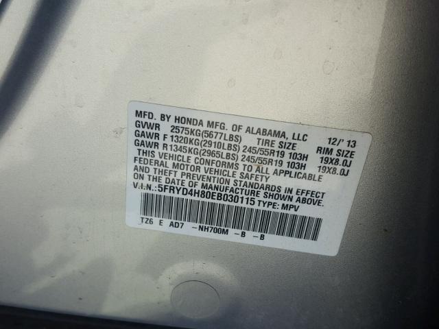 5FRYD4H80EB030115 - 2014 ACURA MDX ADVANC SILVER photo 10