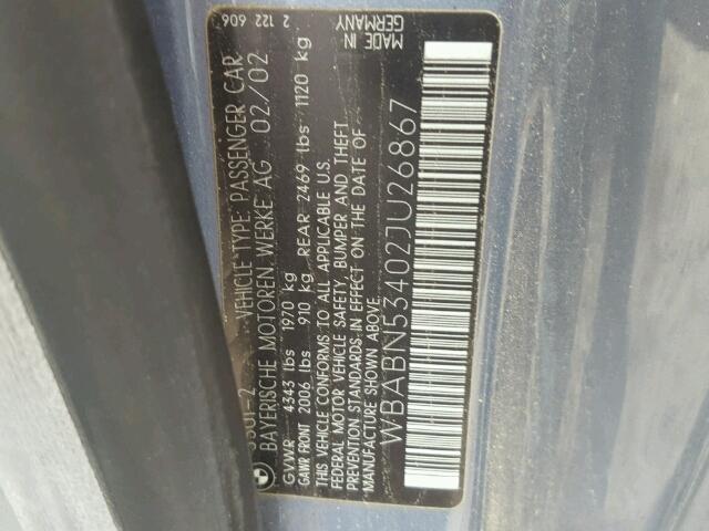 WBABN53402JU26867 - 2002 BMW 330 BLUE photo 10