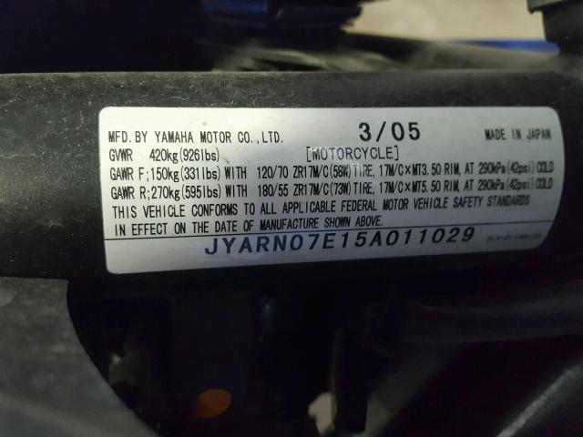 JYARN07E15A011029 - 2005 YAMAHA FZS10 BLUE photo 10