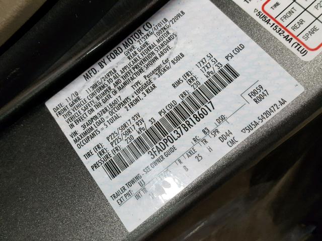 3FADP0L37BR186017 - 2011 FORD FUSION HYB CHARCOAL photo 10