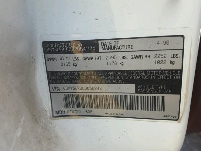 1C3XY56R2LD858243 - 1990 CHRYSLER IMPERIAL 白色 照片 10