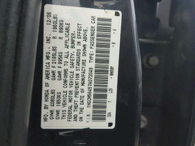 1HGCM56457A072049 - 2007 HONDA ACCORD LX BLACK photo 10