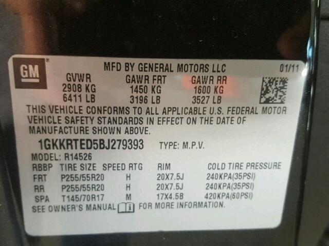 1GKKRTED5BJ279393 - 2011 GMC ACADIA BLACK photo 10