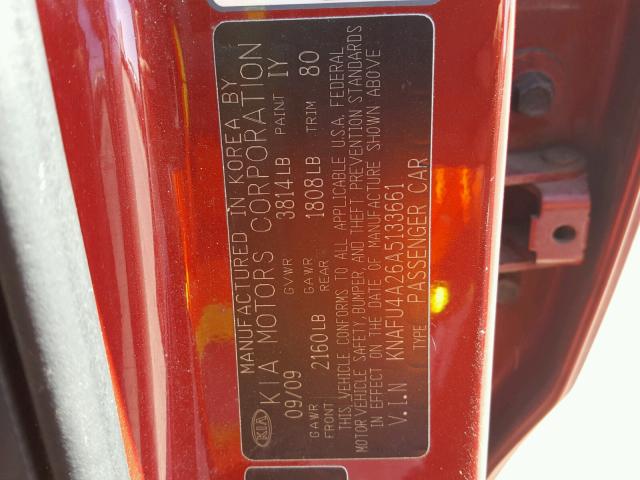 KNAFU4A26A5133661 - 2010 KIA FORTE EX RED photo 10