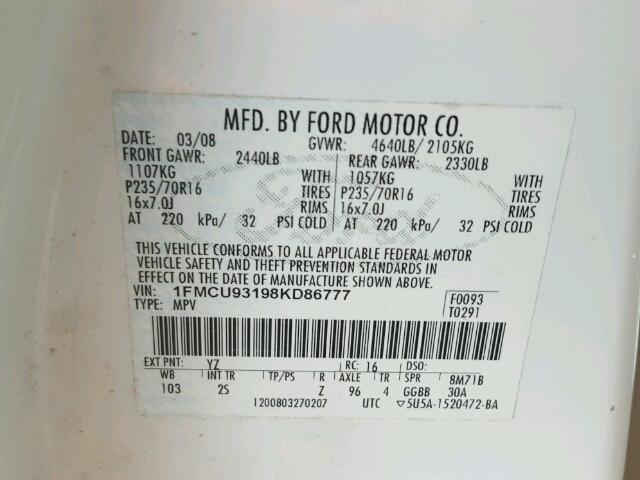 1FMCU93198KD86777 - 2008 FORD ESCAPE XLT WHITE photo 10