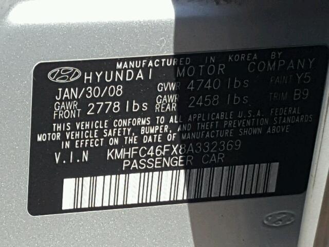 KMHFC46FX8A332369 - 2008 HYUNDAI AZERA SILVER photo 10