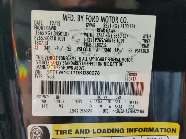 1FTFW1CT7DKD80078 - 2013 FORD F150 SUPER BLACK photo 10