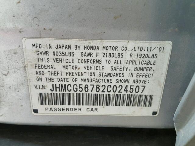 JHMCG56762C024507 - 2002 HONDA ACCORD SE SILVER photo 10