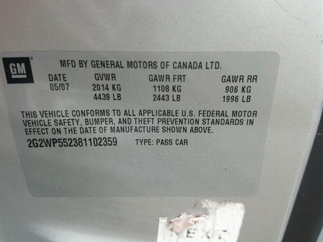 2G2WP552381102359 - 2008 PONTIAC GRAND PRIX SILVER photo 10