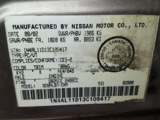 1N4AL11D13C109417 - 2003 NISSAN ALTIMA BAS BROWN photo 10