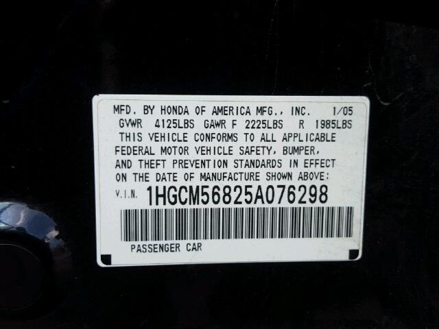 1HGCM56825A076298 - 2005 HONDA ACCORD EX BLACK photo 10