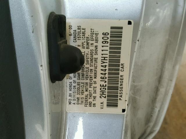 2HGEJ6444YH111906 - 2000 HONDA CIVIC DX SILVER photo 10