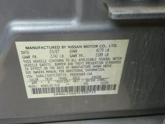 1N4AL21E07C200733 - 2007 NISSAN ALTIMA 2.5 GRAY photo 10