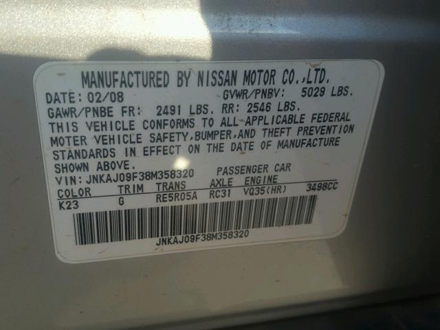 JNKAJ09F38M358320 - 2008 INFINITI EX35 BASE SILVER photo 10